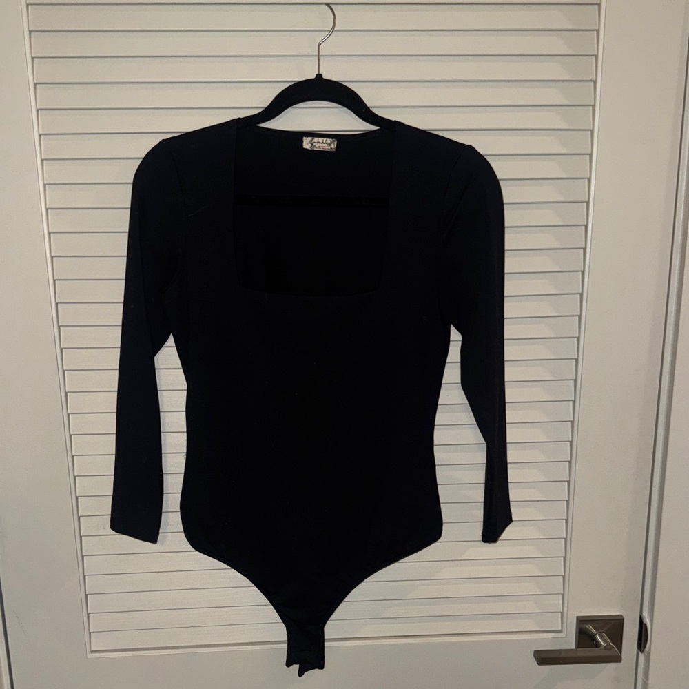 Free People Black Long Sleeve Square Neck Bodysuit